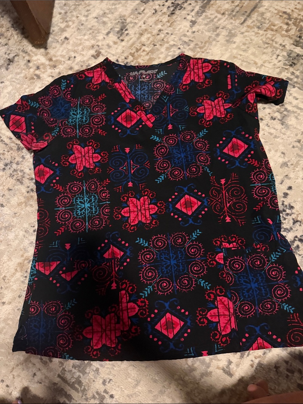 Women's Black scrub Top with Pink & Blue Geo Print
